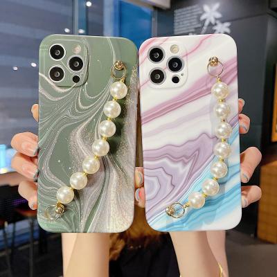 China Anti-drop Girls Phone Case With Pearl Strap Decoration Marble Phone Cover Case For iPhone 12 pro 11 XS MAX Anti Lost Case for sale