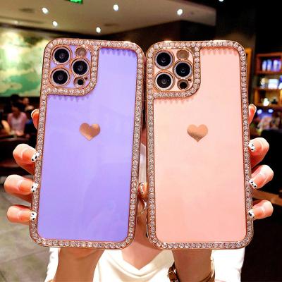 China Luxury Dirt-resistant/shockproof/anti Diamond Decoration Bumper Electroplating Love Heart Scratch Mobile Phone Case Cover For iPhone 13 Pro 11 Max XS XR 7 8 Plus for sale