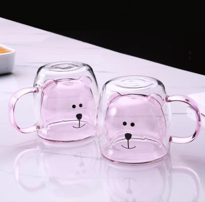 China Amber Bear Shaped Double Wall Cartoon Glass Mug Water Heat Insulation Rose Milk Drinking Cup Modern Creative High Temperature Glass Mug for sale