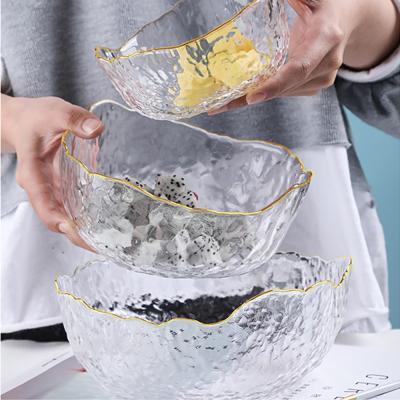 China Wholesale stocked creative iridescent gold three-piece set hammer edge glass bowl hammer texture fruit salad bowl dessert crystal glass for sale