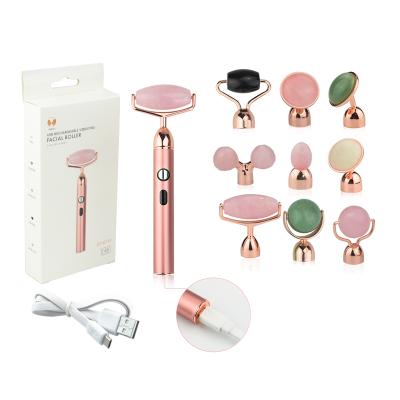 China Face Massager Roller Massage Tools Suit USB Rose Quartz Jade Roller Scraping Vibrating Jade Roller for sale