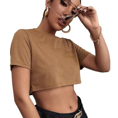 China Brown Ladies Women Anti-Wrinkle Stylish Crop T-shirt Custom Printed Crop Tops Simple Sexy 100% Cotton Fashion Crop Tops T-shirt for sale