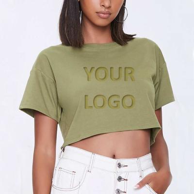 China anti-wrinkle oem custom logo plain white women crop crop graphic cotton top boxy t-shirt embroidered/printed for sale