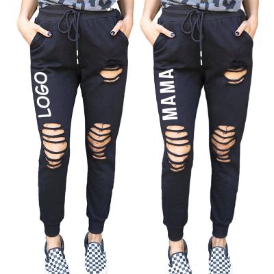 China Custom Casual Hollow Drawstring Trackpants Solid Color Anti-Wrinkle Women's Pants Ripped Jogging Pants Joggers Workout Sweatpants for sale