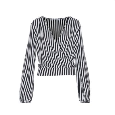 China Custom Made High Quality Washable Loose Ladies Striped V-neck Tops Blouse Casual Blouse T-Shirts For Women for sale