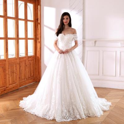 China High Quality Breathable LW1985 A Line Off The Shoulder Chapel Train Wedding Dresses With Lace Applique Beaded Wedding Gowns for sale