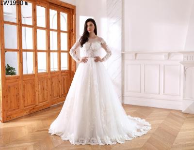 China LW1990 Breathable High Quality Long Sleeves Illusion Bodice Wedding Dresses With Lace Applique Beaded Zipper Back Wedding Gowns for sale