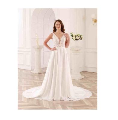 China Hot Sale WT4317 Simple Elegant Illusion Chiffon Bridal Dress Lace Applique UPPER Ivory Wedding Dress for sale