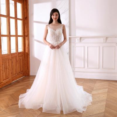 China LW4102 High Quality Breathable A Line Soft Illusion Tulle Wedding Dresses With Lace Applique Backless Wedding Dresses for sale