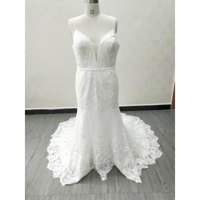 China Breathable LW1972A Plus Size V Neckline Mermaid Wedding Dresses With Beaded Lace Applique Sash Chapel Train Lace Up Back Bridal Gowns for sale