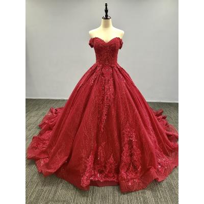 China LW4108A Breathable Off-Shoulder A Line Red Wedding Dresses With Lace Applique Cathedral Train Color Beaded Wedding Gowns for sale