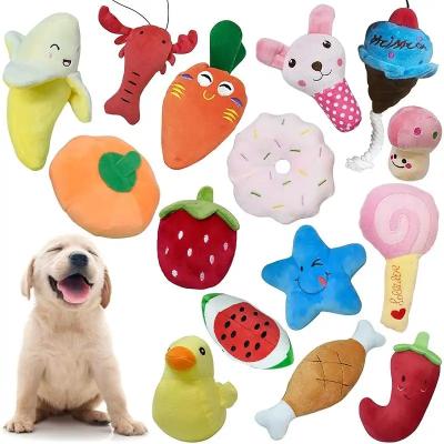 China Stocked Pet Plush Toys Simulate Fruit Vegetables Squeaky Dog Pillow Sounds Banana Lollipop for sale