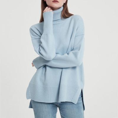 China Anti-wrinkle factory autumn and winter solid color custom high neck sleeve fashion long pullover knitted ladies sweater for sale