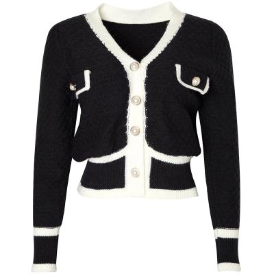 China Custom New Arrival Anti-Wrinkle Winter Knit Sweaters For Womens V Neck Knitted Button Women's Contrast Sweaters Black for sale