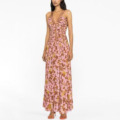 China Wholesale Breathable Backless Sexy Women Floral Halter Beach Summer Dress Holiday Maxi Dress Ladies Maxi Dress Long for sale