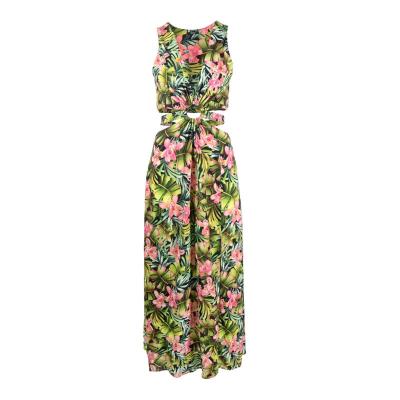 China Latest Breathable Sexy V-Neck Maxi Long Dress Women Vintage High Waist Floral Printing Summer Backless Sundress for sale