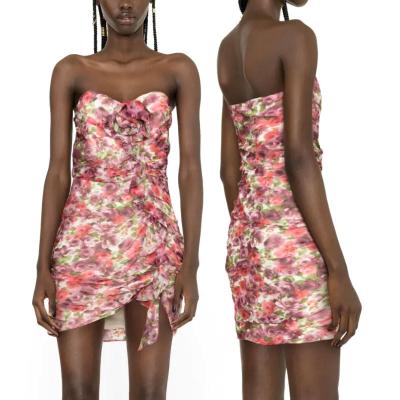 China OEM Breathable Custom Summer Casual Strapless Floral Print Ruched Ruffles Edge Mini Dress For Women for sale