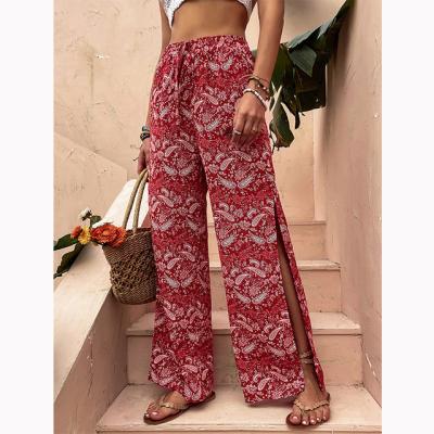 China New European and American anti-static spring and flower women's elastic wide leg pants summer casual pants broken waist high wear for sale