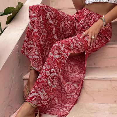 China Anti-Static Women's Summer Boho Ruffle Waist Floral Print Beach High Pants Wide Leg Pants for sale