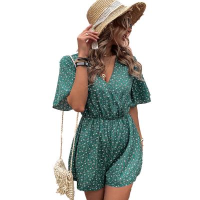 China 2022 QUICK DRY women's sleeve ruffle sheath women's green floral small deep V neckline short sleeve dress for sale