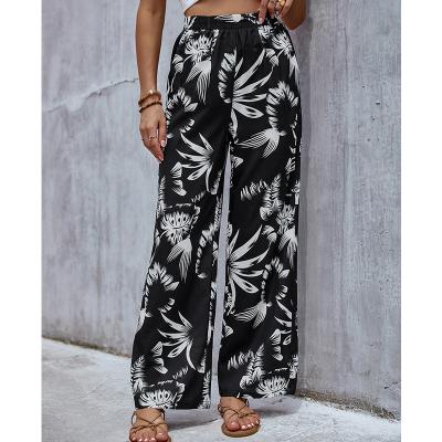 China Flower Decor Anti-static Printing Black Leg Casual Wide Leg Wide Leg Pants for sale