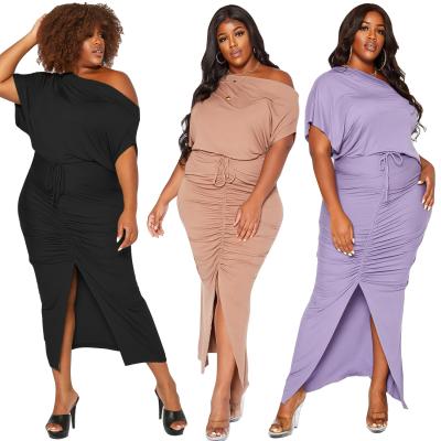 China Solid Color Viable Dress Plus Size Plus Size Women Clothing One Shoulder Plus Size Dress for sale