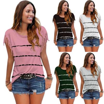 China Fashion Breathable T Shirts For Women T Shirts Women Casual Tassel Short Sleeve T Shirt for sale