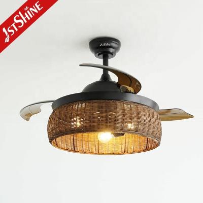 China Smart Control Rustic Design Rattan Ceiling Fan with Retractable Blades and Light Kit for sale