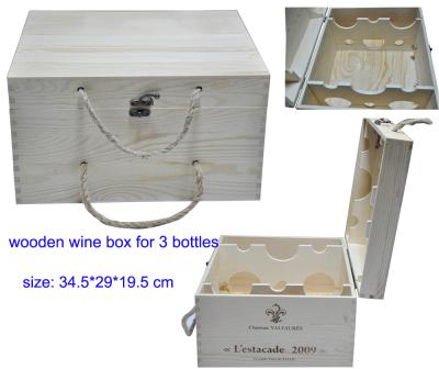 China Recyclebare hölzerne Geschenkboxen für den 3 Flaschen-Rotwein, der mit kundengebundener Größe verpackt zu verkaufen