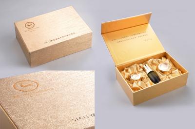 China Luxury Golden Cosmetic Packaging Boxes Recycled With Satin Tray Inside for sale