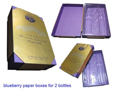 China Blueberry Wine Cardboard Wine Box with Clear Plastic Tray for 2 Bottles for sale