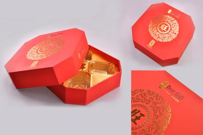 China Logo Golden Foil Cardboard Packaging Boxes , Red Mooncake Gift Boxes with Plastic Tray Inside for sale