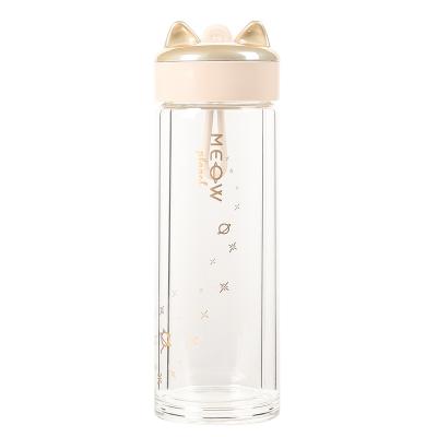 China Factory Supply Cute Leakproof Portable Drinking Glass 10 Ounce Cat High Borosilicate Glass Water Bottle 300ml With Lid for sale