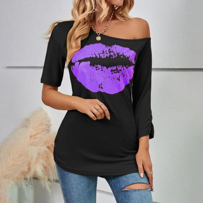 China Anti-wrinkle hot sale for women new collection for women's T-shirt lip printing off-shoulder asymmetry basic sleeve casual customized T-shirt for sale