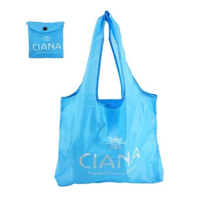 China 2022 Hot Sale Reusable 190T Polyester Foldable Blue Nylon Tote Bags With Pocket For Supermarket for sale