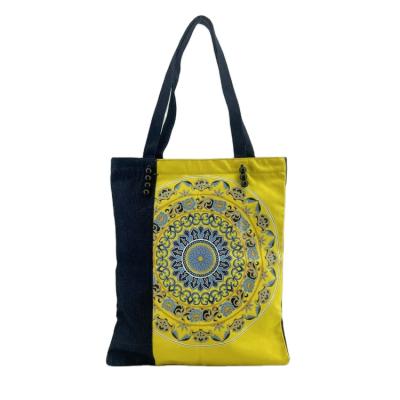 China New Design Recyclable High Quality Wooden Bead Dark Blue Denim Splicing Tote Cotton Bags With Custom Logo for sale