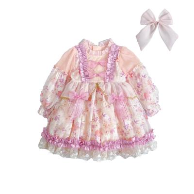 China Sustainable OEM New Born Girl Party Dress Court Style Hollow Embroidery Floral Printed Ruffle Lolita Spanish Baby Dress With Bow tie for sale