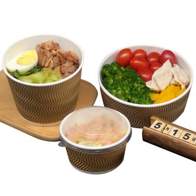 China Disposable Brown Food Wrapper Ripple Wrapper Round Bowl With Lid 390cc Food Container Induction Noodles for sale