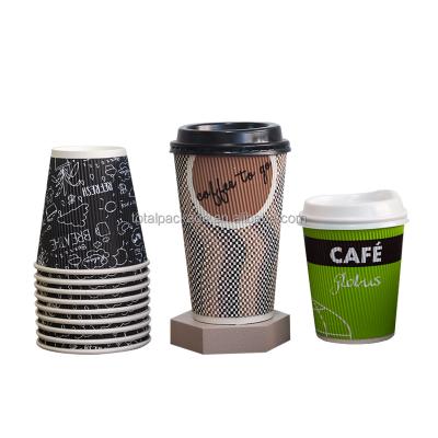 China Insutated 4oz 8oz 12oz 16oz Disposable Custom Logo Wall Mount Hot Ripple Coffee Paper Cup Corrugated Paper Cups With PS Lid PP Lid for sale