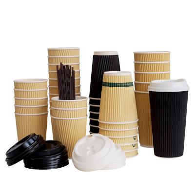 China Biodegaradable 12oz 16oz Aqueous Ripple Plastic Free Cups Disposable Paper Cups Biodegaradable Liner Coffee Cup For Hot Drinks for sale