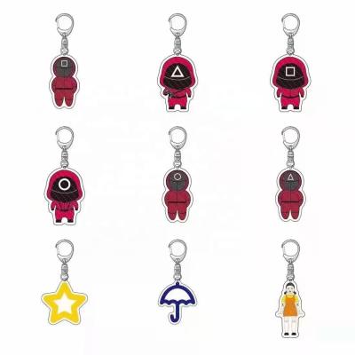 China Spopular Triangle Series 3d Mini Doll Key Ring Plastic Squid Game Cosplay Soldier Key Ring Pendant Gifts for sale