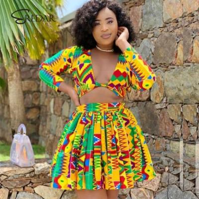 China Cotton Wholesales High Quality African Wax Printing Top Design Women With Skirt Two Piece Set for sale