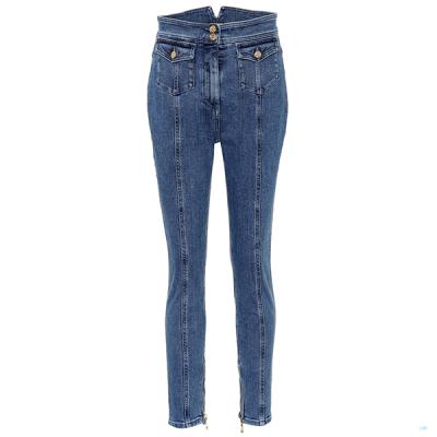 China Other low moq apparel OEM vintage-wash high-waisted slim-leg patch pocket woman casual jeans for sale