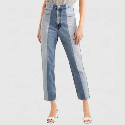 China Other new fashion straight-leg high-rise twin two-tone splice denim pant tonal-blue sharpening jeans for sale