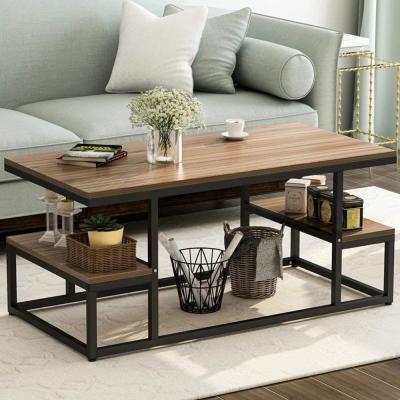 China Industrial Metal Frame (Height) Adjustable Wood Furniture Table With Open Storage Shelf Coffee Table For Living Room for sale