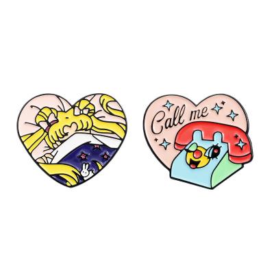 China Cute Enamel Pin Pink Heart Sleepy Girl Anime Cartoon Cheap Environment Friendly Call Me Badge Lapel Pin for sale