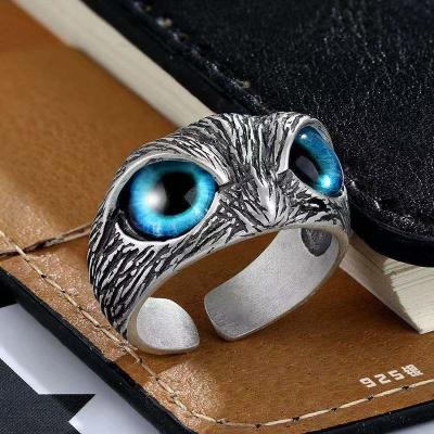 China Environmental friendly New retro plain silver color blue eye owl ring devil eye ring owl jewelry factory wholesale for sale