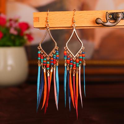 China Eco-Friendly Colorful Women's Feather Tassel Bead Bohemian Earrings European And American Jewelry for sale