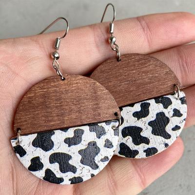 China Eco-Friendly Semicircular Earrings Textured Fashion Cowhide Bohemian Pattern Cowhide Geometric Wooden Earrings for sale