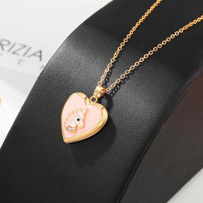 China Lead Free Children's Unicorn Cute Pink Love Necklace Can Open Pendant Photo Pendant Necklace for sale